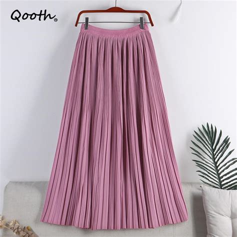 Cheap Qooth Summer Autumn Pleated Skirt 10 Colors Women Elegant Vintage