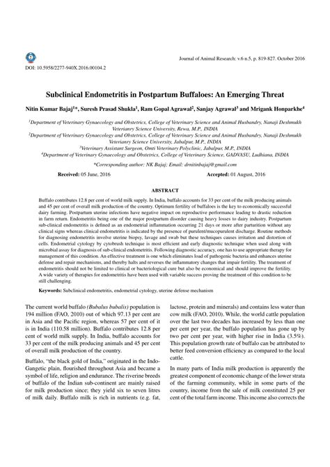 PDF Subclinical Endometritis In Postpartum Buffaloes An Emerging Threat