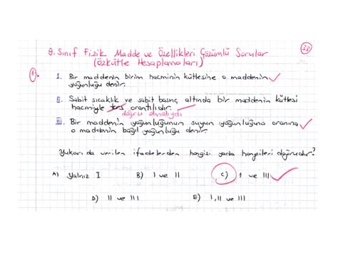 9 Sınıf Fizik Madde ve Özellikleri Çözümlü Sorular Özkütle