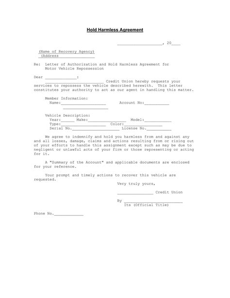 Free Printable Hold Harmless Agreement Templates PDF Word Real Estate