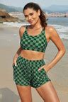 Green Checked Adjustable Straps Chic Bikini Top With Boy Short Set