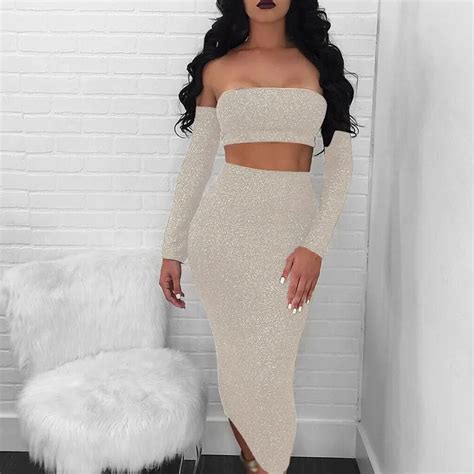 2 Piece Set Spring Women Sexy Skirt Set Long Sleeve Crop Top Midi Skirt