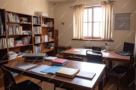 Учебная комната с книгами и ноутбуками на столах и используемым ...