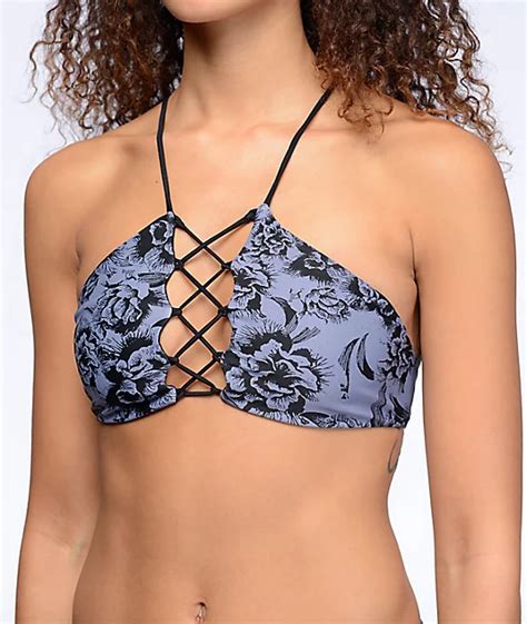 Damsel Dream Garden Grey Lace Up Bralette Bikini Top Zumiez