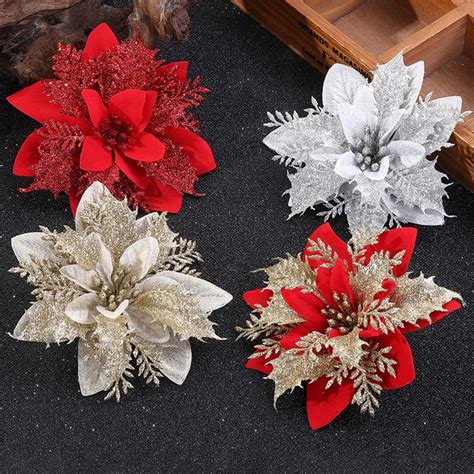 10pçs 14cm Flor Artificial Árvore De Natal Glitter Decoração De Natal