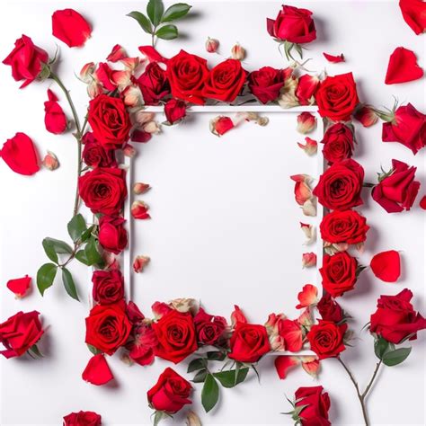 Premium Ai Image A Frame Of Red Roses And Green Leaves On A White