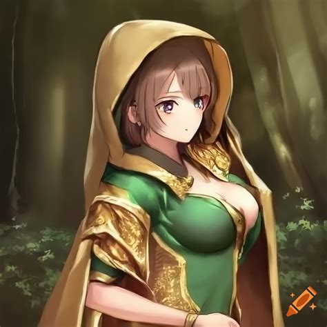 Anime Woman With Long Brown Hair In Imperial Dress In Mystical Forest