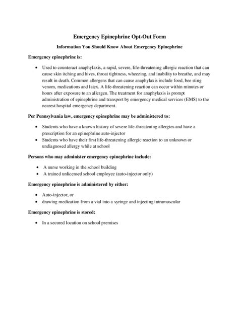 Fillable Online Emergency Epinephrine Opt Out Form Fax Email Print