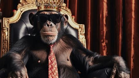 Premium AI Image Funny Monkey Crown Chimpanzee Wearing Tie With Crown