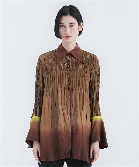 Arimatsu Shibori Ombre Dyed Silk Shirt Brown Mame Kurogouchi