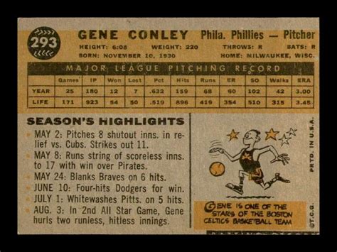 1960 Topps Gene Conley 293 Philadelphia Phillies EX EXMINT EBay