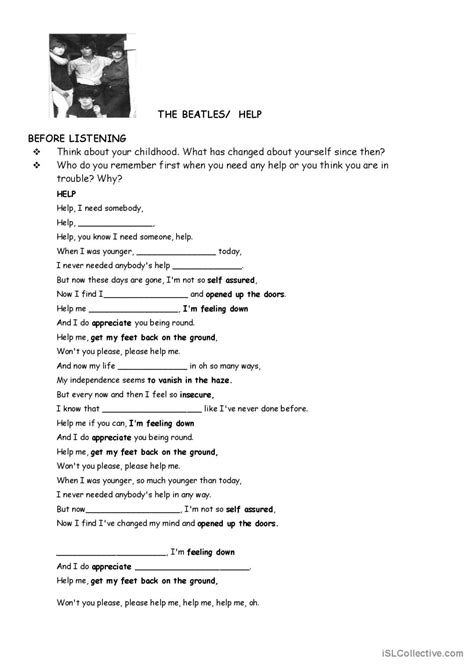 Beatles Help Song And Nursery Rhyme English Esl Worksheets Pdf And Doc