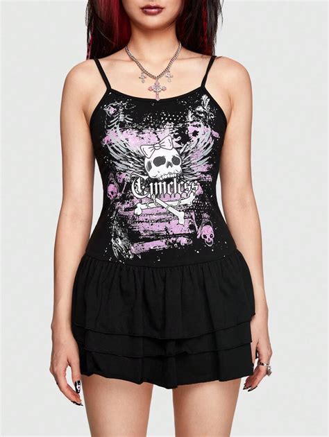 Romwe Avant Gothic Skull Print Splice Ruffle Hem Cami Dress With