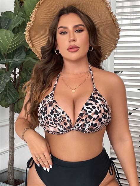 Shein Swim Vcay Plus Leopard Print Tie Backless Halter Push Up Bikini