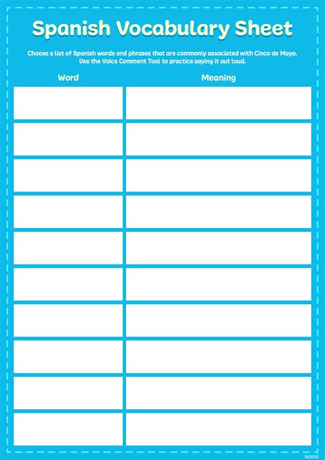 Spanish Vocabulary Sheet | Blue for Teachers | Perfect for grades 10th ...