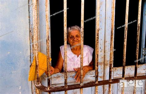 Woman Portrait Old Behind Bars In Front Trinidad Stock Photo Picture