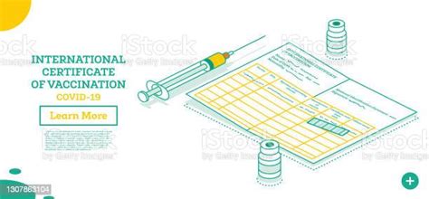 국제 예방 접종 증명서 코로나바이러스 코비드19 주사기와 백신 바이알과 함께 하는 등각형 개요 개념 Covid 19에 대한 스톡