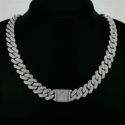 Ulj Hip Hop Men Women 14 Prong Cuban Link Chain Bling Iced Out 2 Row Rhinestone Paved Miami