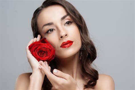 Beautiful Brunette Woman With Red Lipstick On Lips Close Up Girl With Rose Stock Image Image