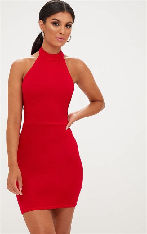 3 Red High Neck Tie Back Bodycon Dress With Black High Heels No