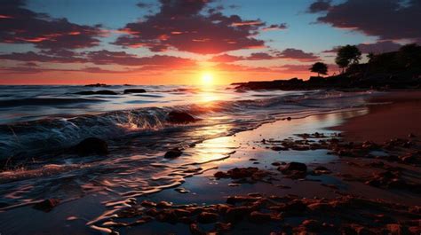 Premium Photo Colorful Ocean Beach Sunrise With Deep Blue Sky And Sun