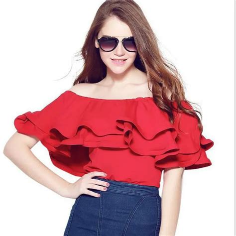 Sexy Summer Sexy Off The Shoulder T Shirts Pure Color Lotus Slash Neck Multi Layers Shirts