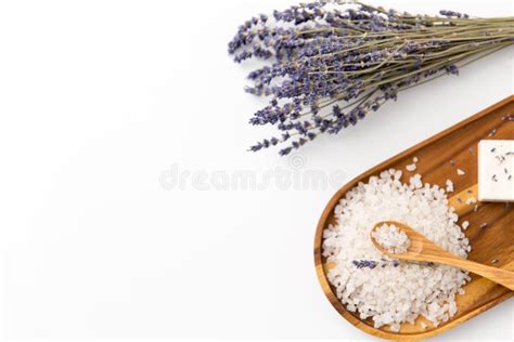 Sea Salt Heap Lavender And Spoon On Wooden Tray Stock Image Image Of