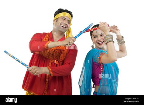 Gujarati Couple Performing Dandiya Dance Stock Photo Alamy