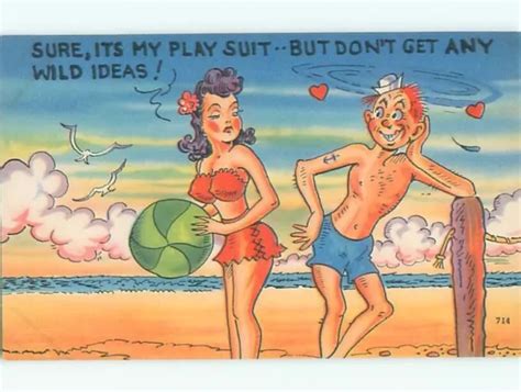LINEN ISH RISQUE MAN LOOKING AT BIKINI GIRL WITH BEACH BALL Clearance AB6838 2 70 PicClick CA