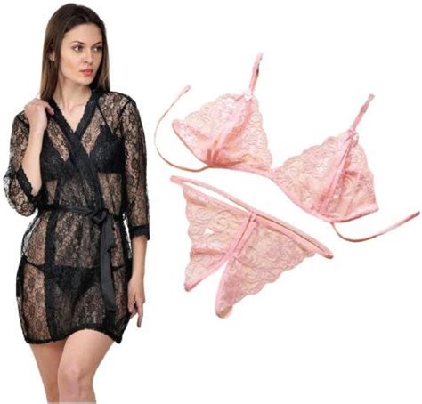 Buy Iyaracollection Women Black Self Design Lace Lingerie Robe Set Online At Best Prices In