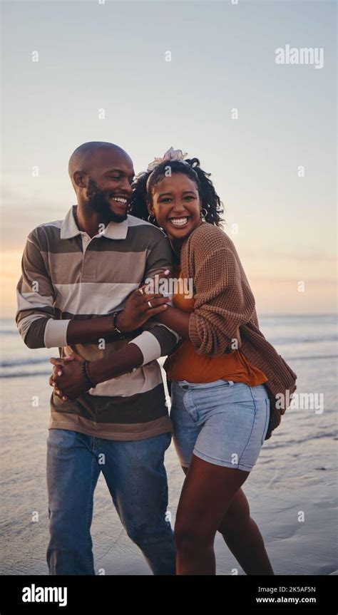 Happy Black Couple Love And Beach With Smile For Vacation In