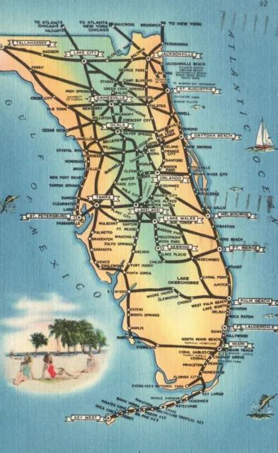 Vintage Postcard Map And Routes Beaches Gulf Of Mexico Atlantic