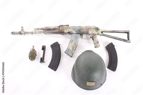 Akm Avtomat Kalashnikova Kalashnikov Assault Rifle On White Stock