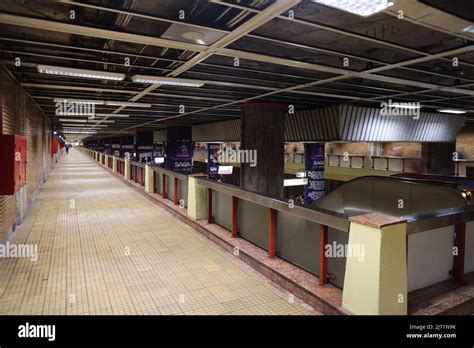 Long walkway to transfer between subway lines in metro station Piata ...