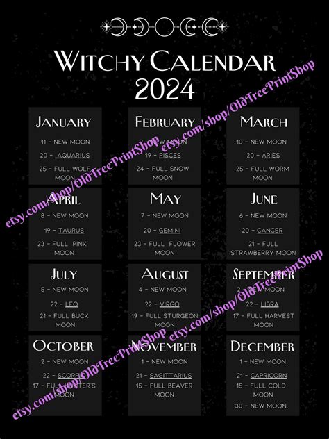 Printable Witchy Calendars Lunar Calendar Full Moon Etsy In