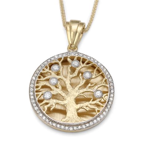 14k Gold Diamond Studded Round Tree Of Life Pendant Necklace Large