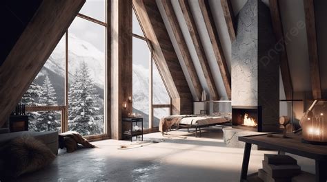 Loft With A Fireplace In A Mountain Cabin Background, 3d Illustration ...