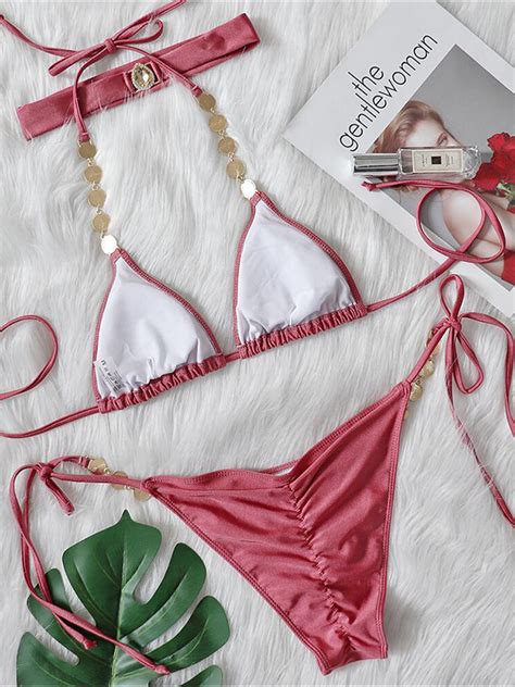 Emmiol Free Shipping Green Gem Halter Tie Back Triangle Bikinis Red S In Bikini Sets Online