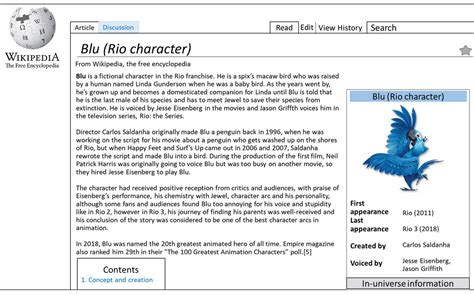 Blu (Rio character) Wikipedia page by MasterDrake43 on DeviantArt