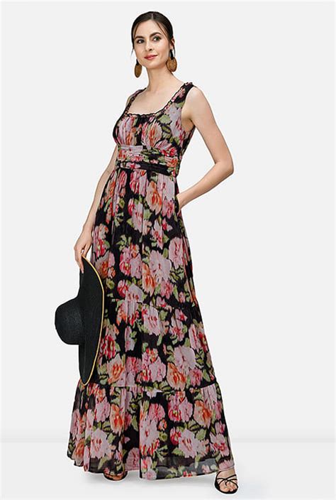 Shop Floral Print Georgette Empire Tiered Maxi Dress Eshakti