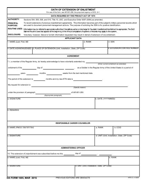 Da Form 1695 Download Fillable Pdf Oath Of Extension Of Enlistment