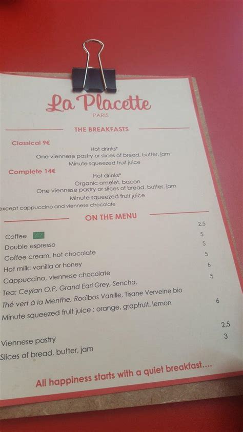 Menu At Brasserie La Placette Restaurant Paris