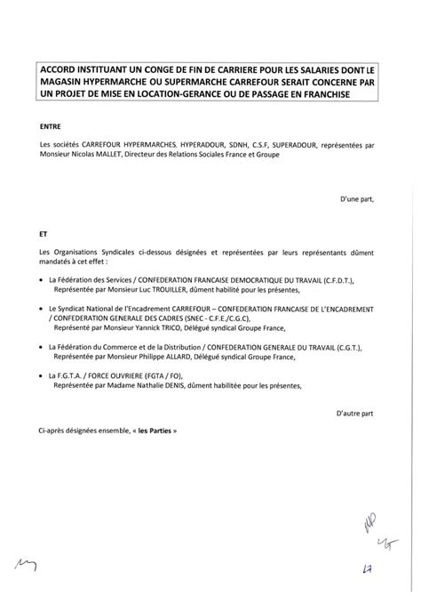 Accord congé fin de carrière franchise et LG Cfdt Coordination Carrefour