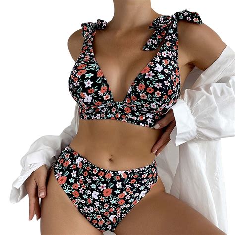 Taiaojing Womens Triangle Thong Bikini Set Two Piece Retro Floral Split