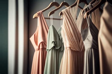 Hermosos Vestidos De Noche Colgados En Perchas De Madera En Un Puesto