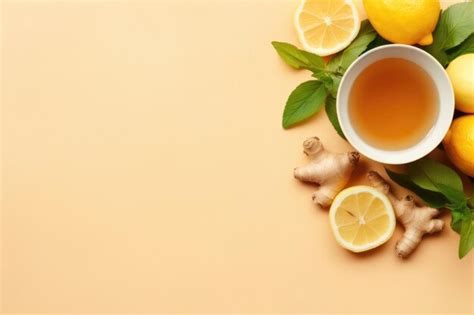 Cup Of Ginger Tea With Lemon Honey And Mint With Copy Space Premium