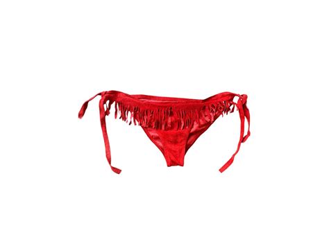 Y K Red Leather Bikini Bottoms Swimsuit S Bathing Suit Fringe Suede Boho Vintage Retro Leather