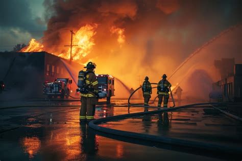 Two Firefighters Stand In Front Of A Burning Building Ready To Battle