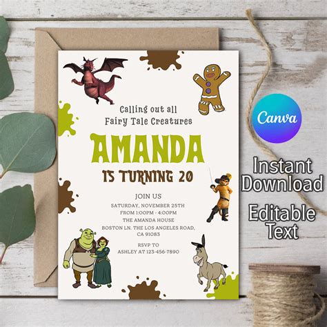 Editable Shrek Birthday Party Invitation Shrek Birthday Invitation