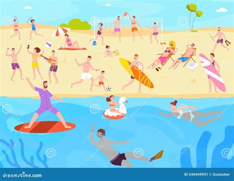 Crowd People On Beach Crowded Seashore Or Sea Of Swimming Person Lot